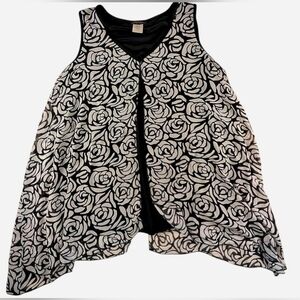 Slinky Brand black sleeveless top white floral chiffon split front and back‎ 3xl